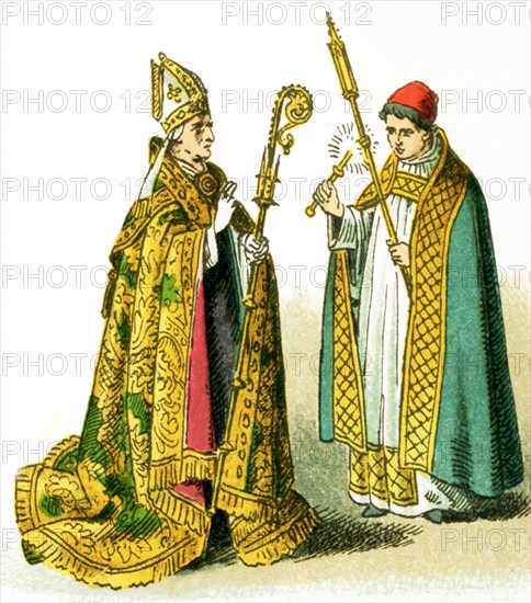 The images here all feature ecclesiastical Costume. They are from left to right:the Pluvial or Choral hood of a Bishop in the 15th century and the Pluvial or Choral hood of a 15th century Precentor. The illustration dates to 1882. .