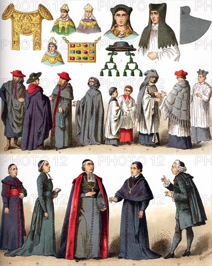 The illustrations shown here depict ecclesiastical costumes. They are, by row, from left to right, top to bottom: 1 through 4 Rational (used by German bishops 12th-14the centuries; 5 Pectoral (worn 12th and 13th centuries); 6 through 8 Amess (A flexible, conical, brimless head-dress, covering the entire head, except the face); 9 Bishop's hat; 10 through 12 Caps worn for ordinary use by bishops and cardinals); 13 Cap worn for funeral solemnities; 14 Ministrants or altar boys in the 15th century; 15 a Canon wearing a cope and amess in the 15th century; a Canon in the 17th century; a priest wearing a cope and soutanne; a bishop in the Zimarra; a priest in the soutanne; a bishop in ordinary vestments; a bishop in house costume, and an abbe in the time of Louis XVI. The illustration dates to 1882.