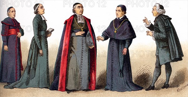 The illustrations shown here depict ecclesiastical costumes. They are, from left to right: a bishop in the Zimarra; a priest in the soutanne; a bishop in ordinary vestments; a bishop in house costume, and an abbe in the time of Louis XVI. The illustration dates to 1882.