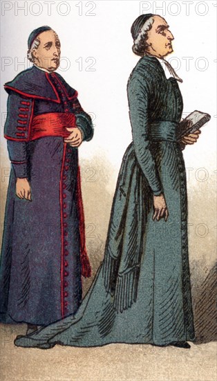 The illustrations shown here depict ecclesiastical costumes. They are, from left to right: a bishop in the Zimarra and a priest in the soutanne. The illustration dates to 1882.