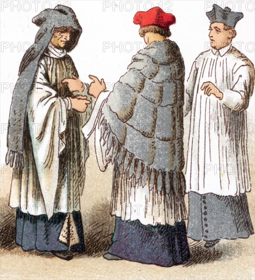 The illustrations shown here depict the ecclesiastical costumes of a Canon wearing a cope and amess in the 15th century, a Canon in the 17th century, and a priest wearing a cope and soutanne. The illustration dates to 1882.