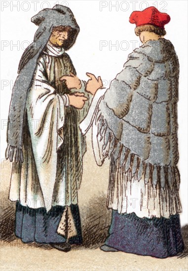 The illustrations shown here depict the ecclesiastical costumes of a Canon wearing a cope and amess in the 15th century and a Canon in the 17th century. The illustration dates to 1882.