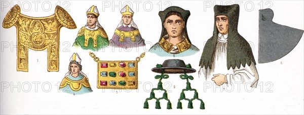 The illustrations shown here depict ecclesiastical costumes. They are, by row, from left to right, top to bottom: 1 through 4 Rational (used by German bishops 12th-14the centuries; 5 Pectoral (worn 12th and 13th centuries); 6 through 8 Amess (A flexible, conical, brimless head-dress, covering the entire head, except the face); and 9 Bishop's hat. The illustration dates to 1882.