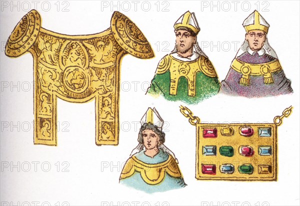 The illustrations shown here depict ecclesiastical costumes. They are, by row, from left to right, top to bottom: four Rationals (used by German bishops 12th-14the centuries and a Pectoral (worn 12th and 13th centuries). The illustration dates to 1882.