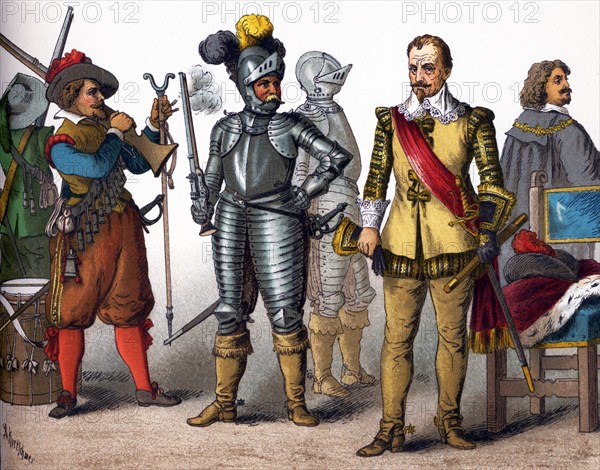 The figures here represent military and nobles from the lands that today comprise Germany. The costumes date to A.D. 1600. From left to right, they are: two musketeers, two cuirassiers (mounted cavalry soldiers equipped with armor and firearms), Generalissmo Wallenstein (Bohemian soldier and politician), and Octavius Piccolomini. This illustration dates to 1882.