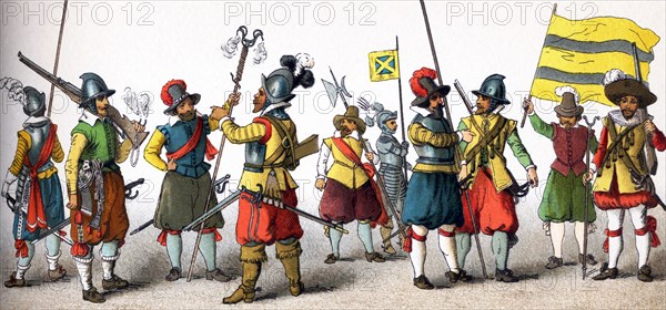 The figures here represent military men from the lands that today comprise Germany. The costumes date to A.D. 1600. From left to right, they are: a mercenary, a musketeer, an artilleryman, a harquebusier, a captain, a standard bearer, two dragoons, a standard bearer, and a musketeer. This illustration dates to 1882. .