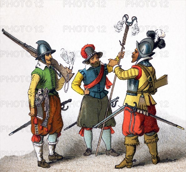 The figures here represent military men from the lands that today comprise Germany. The costumes date to A.D. 1600. From left to right, they are: a musketeer, an artilleryman, and a harquebusier. This illustration dates to 1882. .