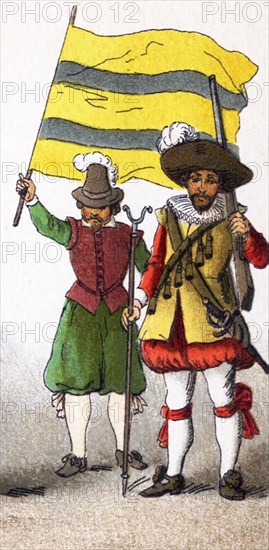 The figures here represent a standard bearer and a musketeer from the lands that today comprise Germany. The costumes date to A.D. 1600. This illustration dates to 1882. .