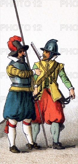 The figures here represent two dragoons from the lands that today comprise Germany. The costumes date to A.D. 1600. This illustration dates to 1882. .