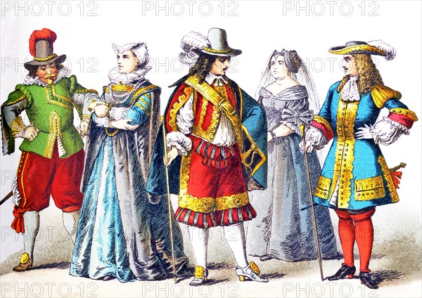 The figures represented here are all Germans in the 1600s. From left to right, they are: a man of rank, a woman of rank (1600-1650), a man of rank (around 1650), a woman of rank in mourning (1650-1700), and a man of rank (1690-1700). The illustration dates to 1882.