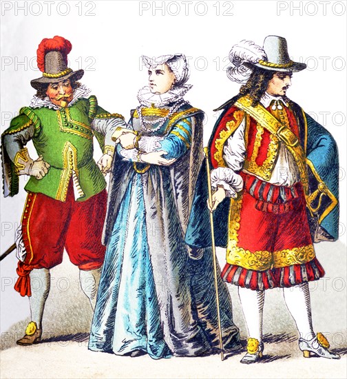 The figures represented here are all Germans in the 1600s. From left to right, they are: a man of rank, a woman of rank in mourning (1600-1650), and a man of rank (around 1650). The illustration dates to 1882.