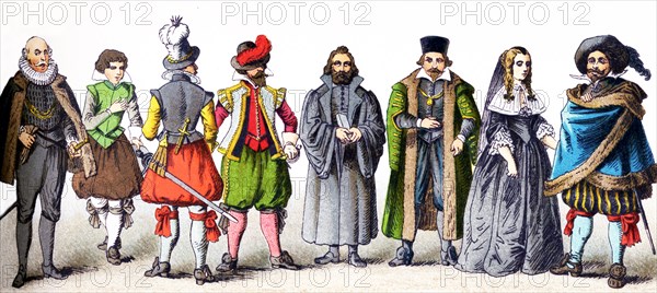 The figures represented here are all Germans in the 1600s. From left to right, they are: four man of rank, a Protestant clergyman, a man of rank, a woman of rank in mourning (1650-1700), and a man of rank. The illustration dates to 1882.