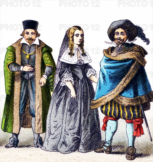 The figures represented here are all Germans in the 1600s. From left to right, they are: a man of rank, a woman of rank in mourning (1650-1700), and a man of rank. The illustration dates to 1882.