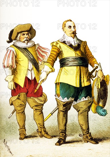 The figures shown here represent, from left to right, are: a Swede and Swedish king Gustavus Adolphus (died 1632).The illustration dates to 1882.