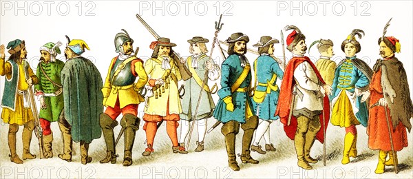 The figures shown here represent, from left to right, are: three Croats, an Austrian Cuirassier (1683), an Austrian infantry man (1670), an Austrian artillery man (1671), a Brandenburg Dragoon (1688), a Brandenburg Infantry man (1683), and four Polish men. The clothes, attire, and names all date to the 1600s.The illustration dates to 1882.