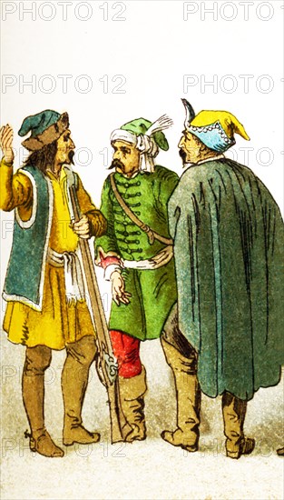 The figures shown here represent, from left to right: three Croats in the 1600s.The illustration dates to 1882.