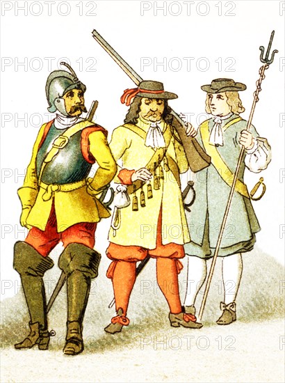 The figures shown here represent, from left to right, are: an Austrian Cuirassier (1683), an Austrian infantry man (1670), and an Austrian artillery man (1671). The clothes, attire, and names all date to the 1600s.The illustration dates to 1882.