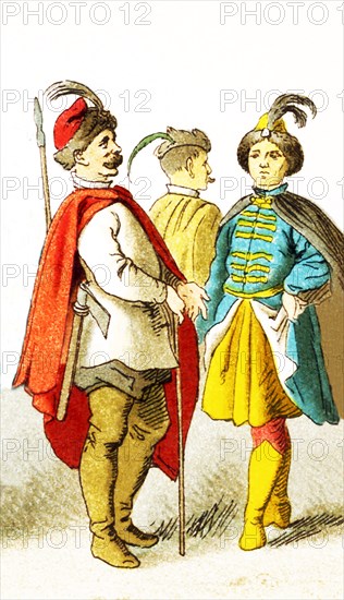 The figures shown here represent three Polish men. The clothes, attire, and names all date to the 1600s.The illustration dates to 1882.