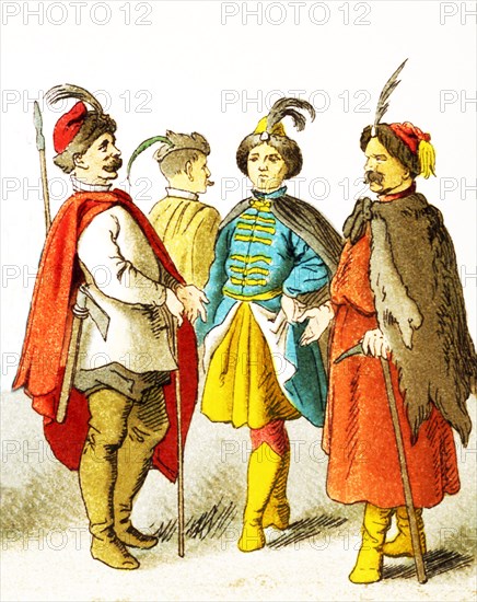 The figures shown here represent, from left to right, are four Polish men. The clothes, attire, and names all date to the 1600s.The illustration dates to 1882.