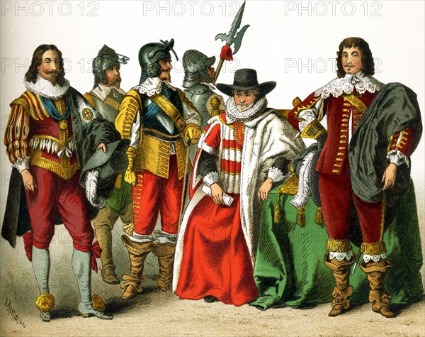 The figures represented here are all English people from the 1600s. They are, from left to right: Charles I, three soldiers, chancellor, a nobleman. Charles I was king of England, Scotland, and Ireland from 1625 until his execution in 1649. He was a Stuart and the second son of James VI of Scotland. The illustration dates to 1882.