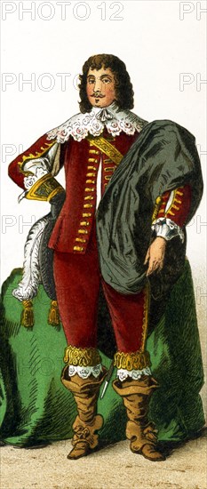 The figure represented here is an English nobleman from the 1600s, the time of Charles I. Charles I was king of England, Scotland, and Ireland from 1625 until his execution in 1649. He was a Stuart and the second son of James VI of Scotland. The illustration dates to 1882.