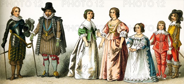 The figures represented here are all English people from the 1600s. They are, from left to right: Charles Prince of Wales, a nobleman, a woman of rank, Henrietta Maria, Consort of Charles I, daughter of Charles I, son of Charles I, a nobleman. Charles I was king of England, Scotland, and Ireland from 1625 until his execution in 1649. He was a Stuart and the second son of James VI of Scotland. The illustration dates to 1882.