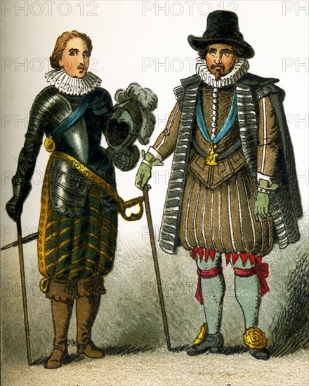 The figures represented here are all English people from the 1600s. They are, from left to right: Charles Prince of Wales and a nobleman. Charles Prince of Wales became Charles I was king of England, Scotland, and Ireland from 1625 until his execution in 1649. He was a Stuart and the second son of James VI of Scotland. The illustration dates to 1882.