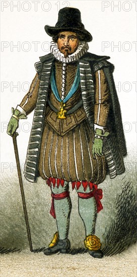 The figure represented here is a noblemanat the time of Charles I in the 1600s. Charles I was king of England, Scotland, and Ireland from 1625 until his execution in 1649. He was a Stuart and the second son of James VI of Scotland. The illustration dates to 1882.