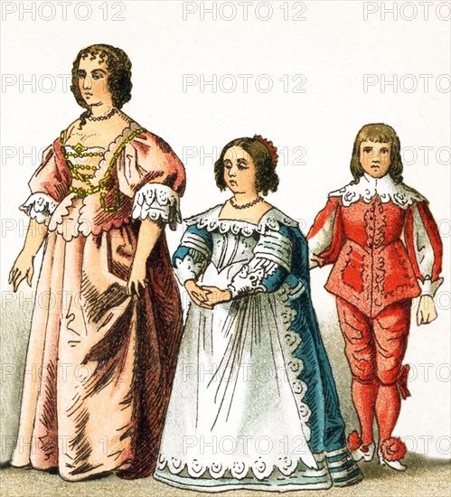 The figures represented here are all English people from the 1600s. They are, from left to right: Henrietta Maria, Consort of Charles I, daughter of Charles I, son of Charles I. Charles I was king of England, Scotland, and Ireland from 1625 until his execution in 1649. He was a Stuart and the second son of James VI of Scotland. The illustration dates to 1882.