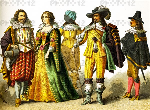 The figures here represent French people in the 1600s. They are, from left to right: a cavalier, a woman of rank, three cavaliers. This illustration dates to 1882.