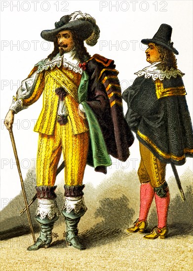 The figures here represent French cavaliers in the 1600s. This illustration dates to 1882.