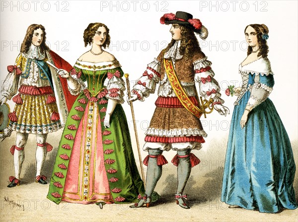 The Figures represented here are all French people living in the 17th century, specifically between 1600 and 1670. They are, from left to right, Philipp of Orleans, Duke of Chartres, in 1660; Maria Theresa, Queen of France, in 1666; Louis XIV in 1660; and a lady of the court. The illustration dates to 1882.