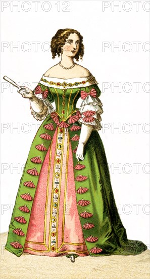 The Figure represented here Maria Theresa, Queen of France, in 1666. The illustration dates to 1882.