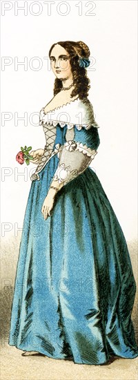 The Figure represented here is a French lady of the court in the 17th century, specifically between 1600 and 1670. The illustration dates to 1882.