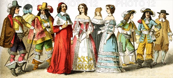 The Figures represented here are all French people living in the 17th century, specifically between 1600 and 1670. They are, from left to right, three lords of the court, Cardinal Mazarin, three ladies of the court; lord of the court; soldier; peasant. The illustration dates to 1882.