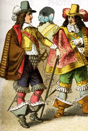 The Figures represented here are all French people living in the 17th century, specifically between 1600 and 1670. They are, specifically, three lords of the court. The illustration dates to 1882.