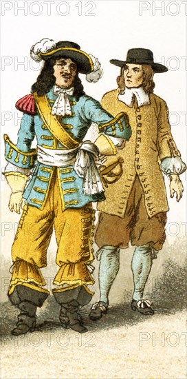 The Figure represented here are a French soldier and a French peasant living in the 17th century, specifically between 1600 and 1670. The illustration dates to 1882.