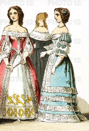 The Figures represented here are all French ladies of the court living in the 17th century, specifically between 1600 and 1670. The illustration dates to 1882.