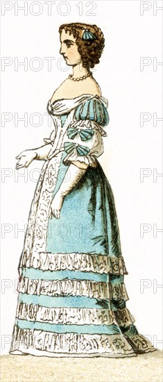 The Figure represented here is a French lady of the court living in the 17th century, specifically between 1600 and 1670. The illustration dates to 1882.