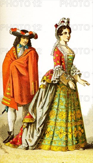 The figures represented here are French people around 1600. They are, from left to right: a courtier and a lady of rank. The illustration dates to 1882.