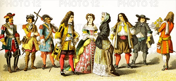 The figures represented here are French people around 1600. They are, from left to right: cuirassier, grenadier, soldier of the guards, Louis XIV in 1680, lady of rank, lady of rank en negligee, citizen, abbe, servingman. The illustration dates to 1882.