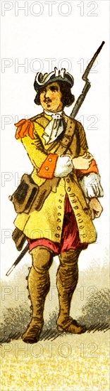 The figure represented here is a French grenadier around 1600. The illustration dates to 1882.