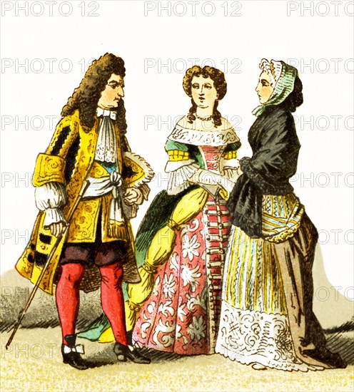 The figures represented here are French people around 1600. They are, from left to right: Louis XIV in 1680, lady of rank, lady of rank in simple clothes. The illustration dates to 1882.