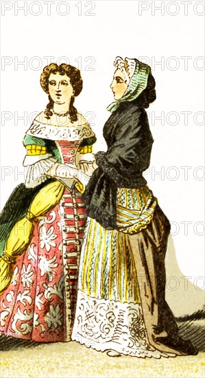 The figures represented here are French ladies of rank around 1600. The illustration dates to 1882.