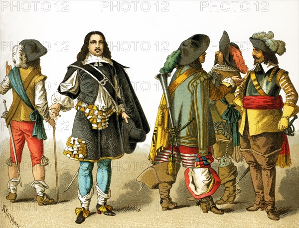 The men in this illustration wear the clothes worn in the Netherlands around 1600. The figures represent, from left to right: a soldier, a man of rank, a trumpeter, and two soldiers. The illustration dates to 1882.