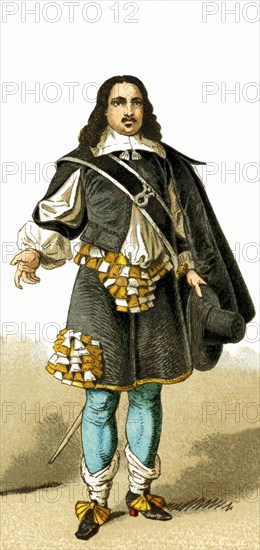 The men in this illustration wear the clothes worn in the Netherlands around 1600 by a man of rank. The illustration dates to 1882.