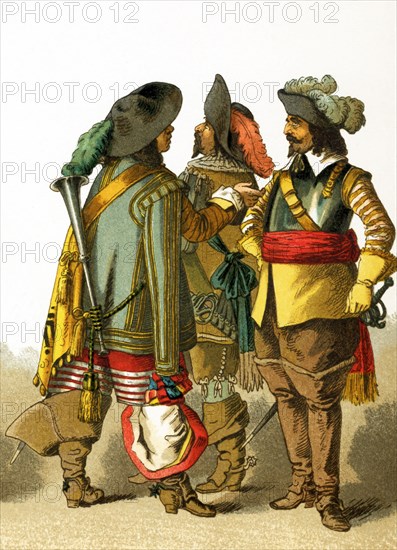 The men in this illustration wear the clothes worn in the Netherlands around 1600. The figures represent, from left to right: a trumpeter and two soldiers. The illustration dates to 1882.