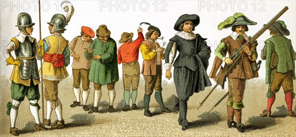 The dress of the Netherlands men shown in this illustration is from 1600. The figures represent, from left to right: two soldiers, four peasants, a man of rank, two soldiers. This illustration dates to 1882.