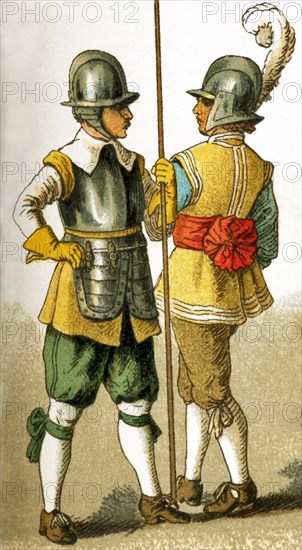 The dress of the Netherlands soldiers shown in this illustration is from 1600. This illustration dates to 1882.