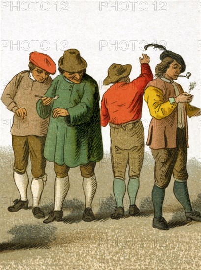 The dress of the Netherlands peasants shown in this illustration is from 1600. This illustration dates to 1882.